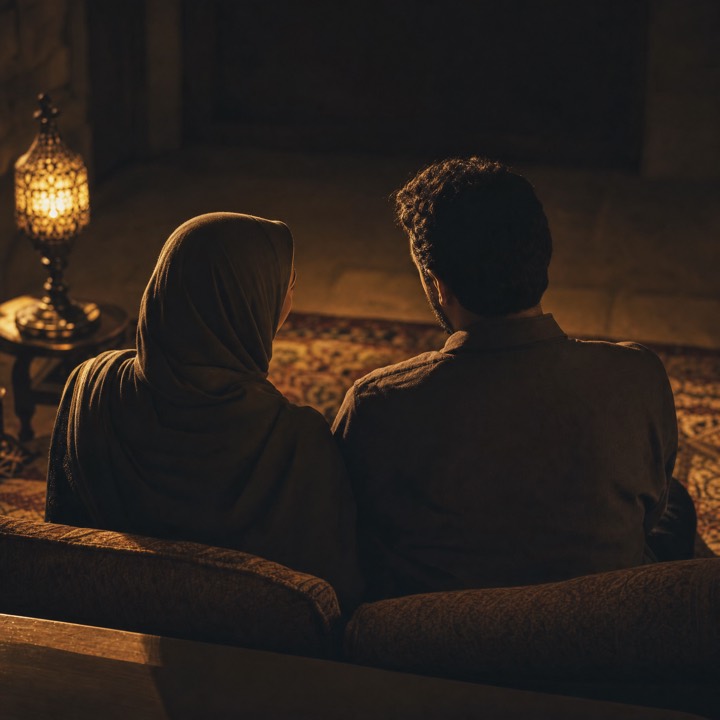 Two people sitting together on a low couch, seen from behind, a lantern lighting the room