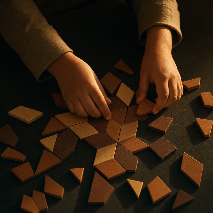 A child's hands arranging wooden geometric tiles into a ten-pointed pattern on a dark table